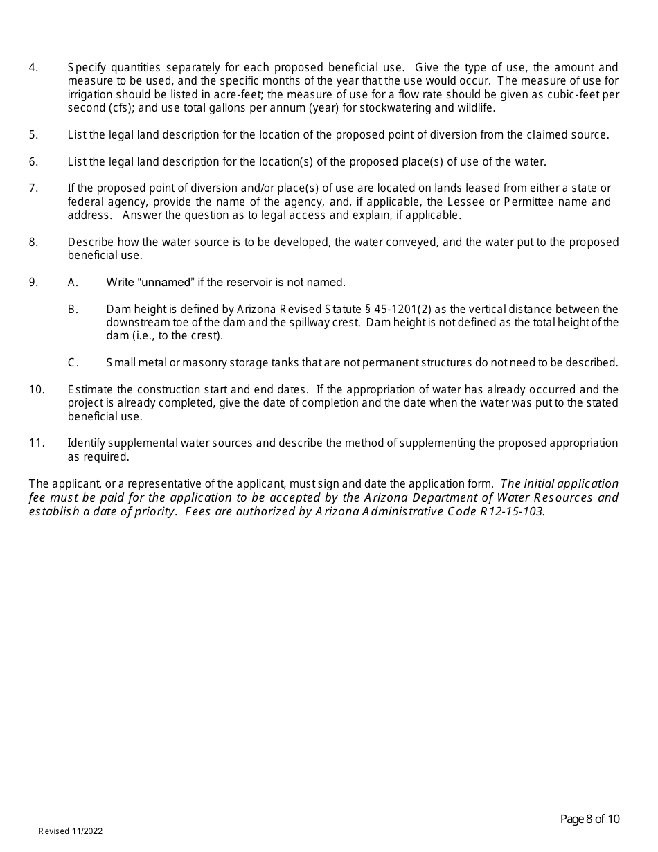 Application for Permit to Appropriate Public Water of the State of Arizona or to Construct a Reservoir - Arizona, Page 8
