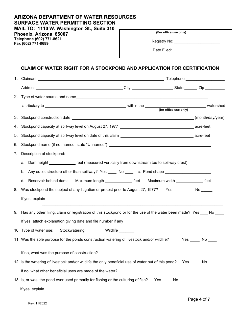 Claim of Water Right for a Stockpond and Application for Certification - Arizona, Page 4