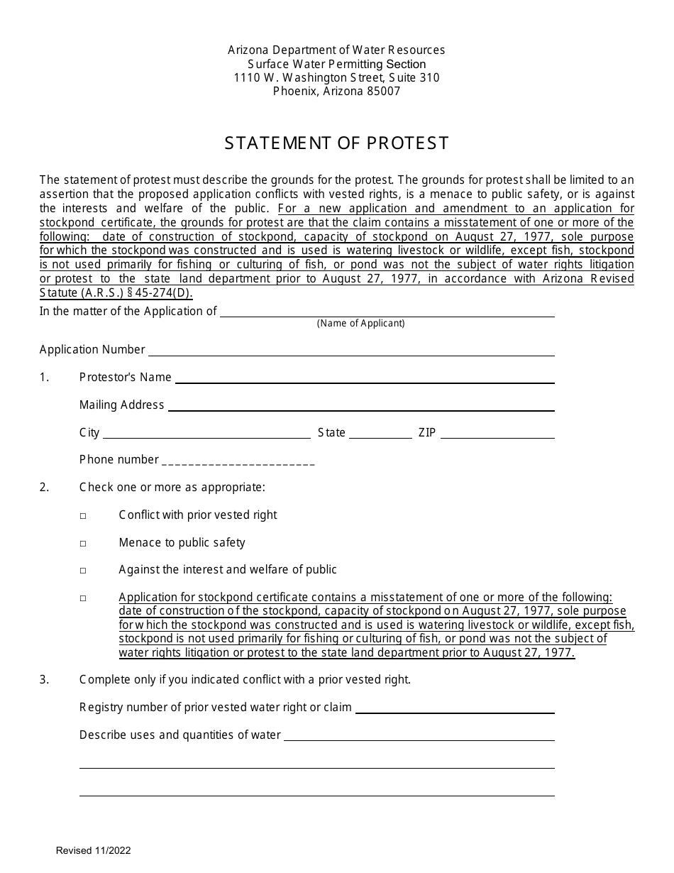 Statement of Protest - Arizona, Page 1