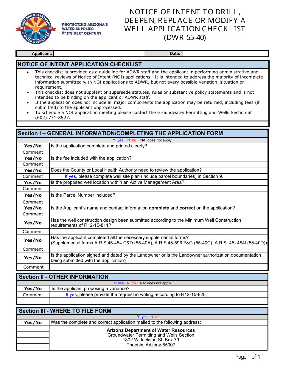 Notice of Intent to Drill, Deepen, Replace or Modify a Well Application Checklist - Arizona, Page 1