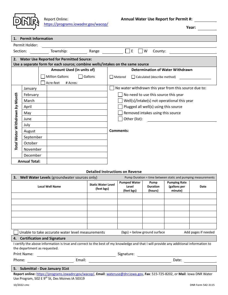 DNR Form 542-3115 Annual Water Use Report for Permit - Iowa, Page 1