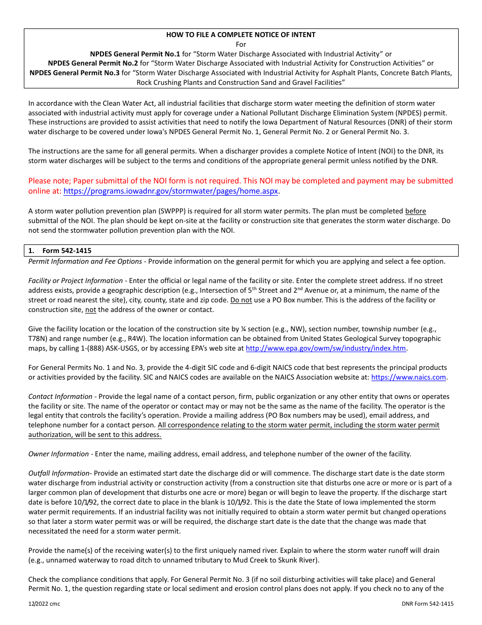DNR Form 542-1415 Notice of Intent for Coverage Under Npdes Storm Water General Permit - Iowa, Page 1