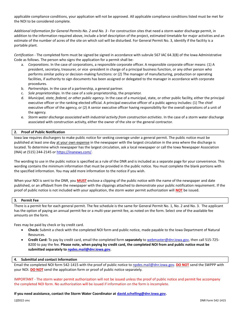 DNR Form 542-1415 Notice of Intent for Coverage Under Npdes Storm Water General Permit - Iowa, Page 2