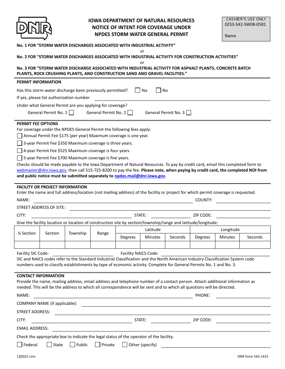 DNR Form 542-1415 Notice of Intent for Coverage Under Npdes Storm Water General Permit - Iowa, Page 3