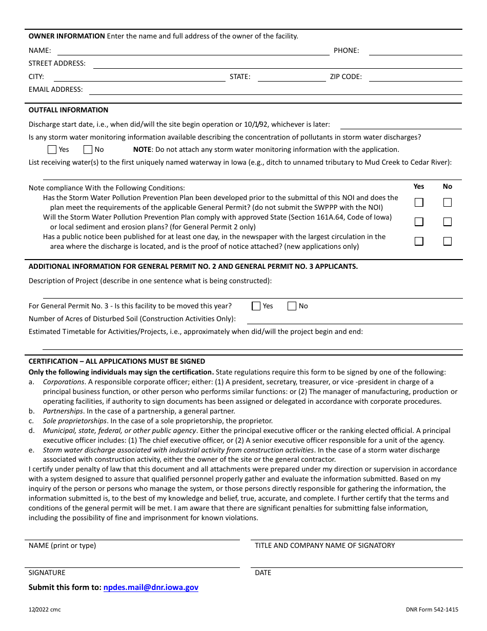 DNR Form 542-1415 Notice of Intent for Coverage Under Npdes Storm Water General Permit - Iowa, Page 4