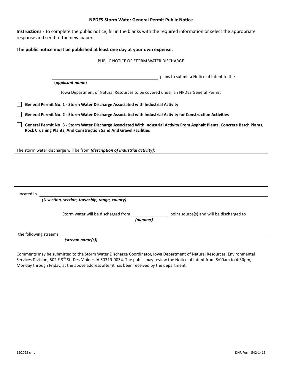 DNR Form 542-1415 Notice of Intent for Coverage Under Npdes Storm Water General Permit - Iowa, Page 5