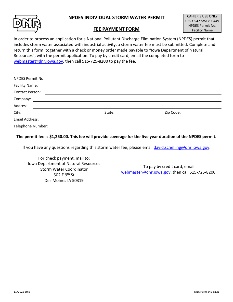 DNR Form 542-8121 Npdes Individual Storm Water Permit - Fee Payment Form - Iowa, Page 1