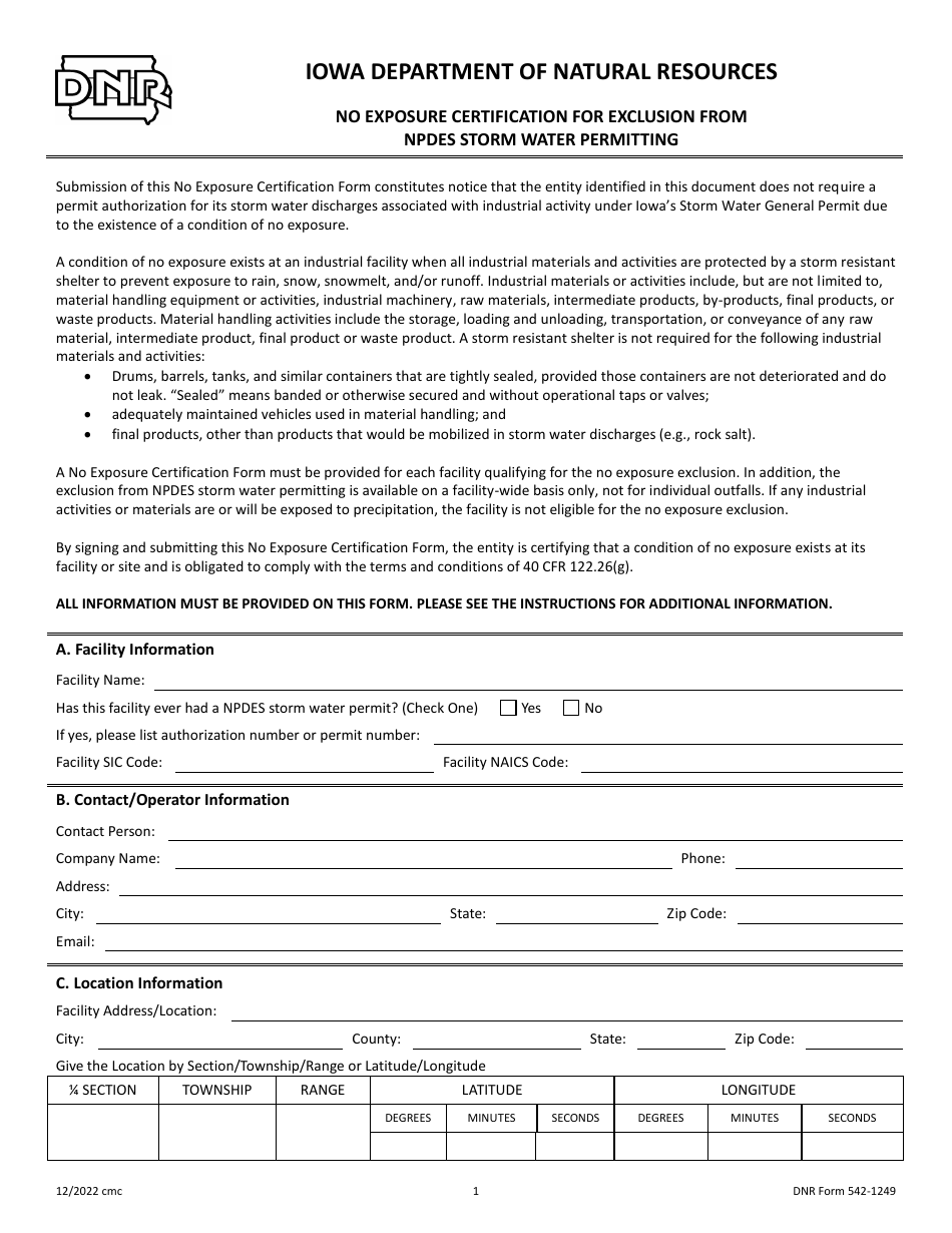 DNR Form 542-1249 No Exposure Certification for Exclusion From Npdes Storm Water Permitting - Iowa, Page 1