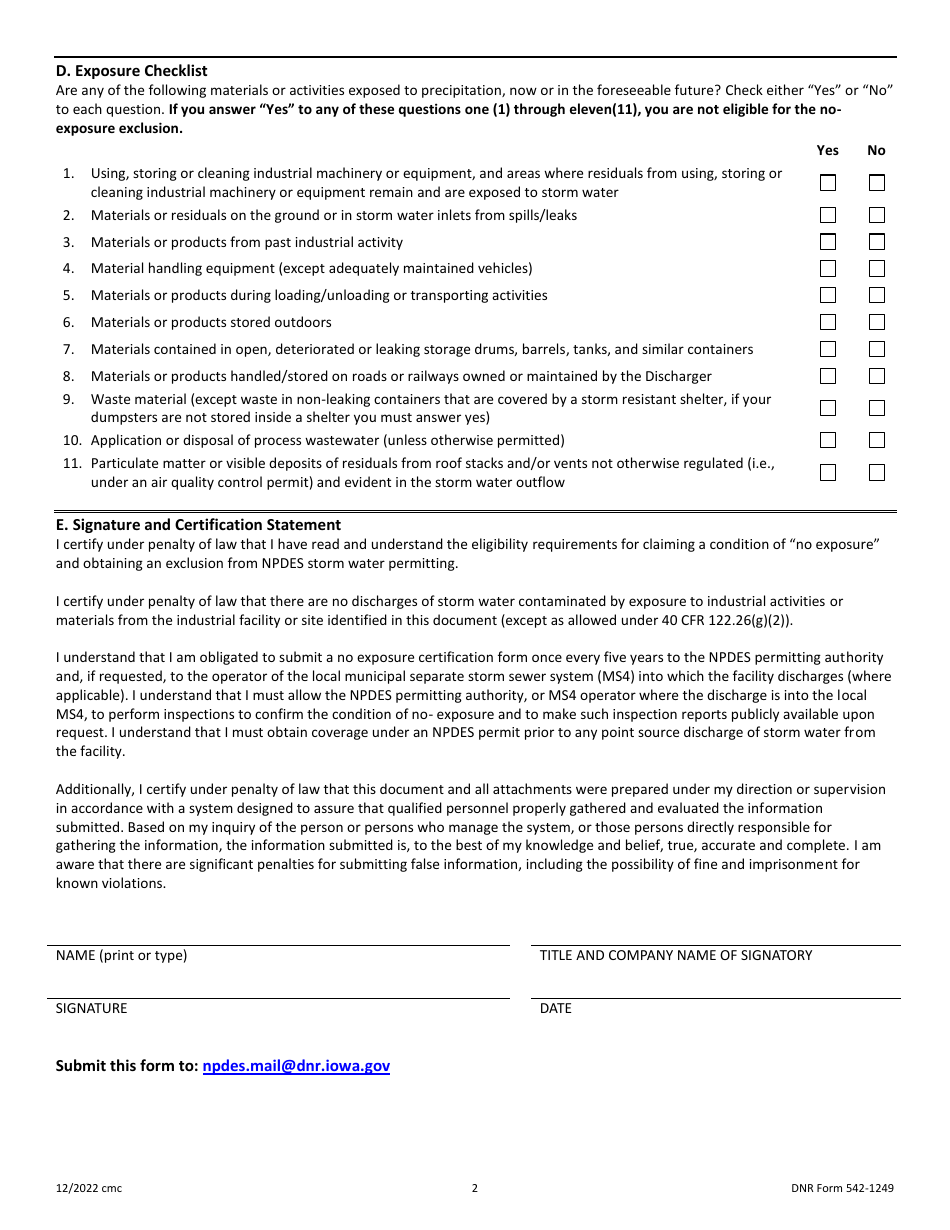 DNR Form 542-1249 No Exposure Certification for Exclusion From Npdes Storm Water Permitting - Iowa, Page 2