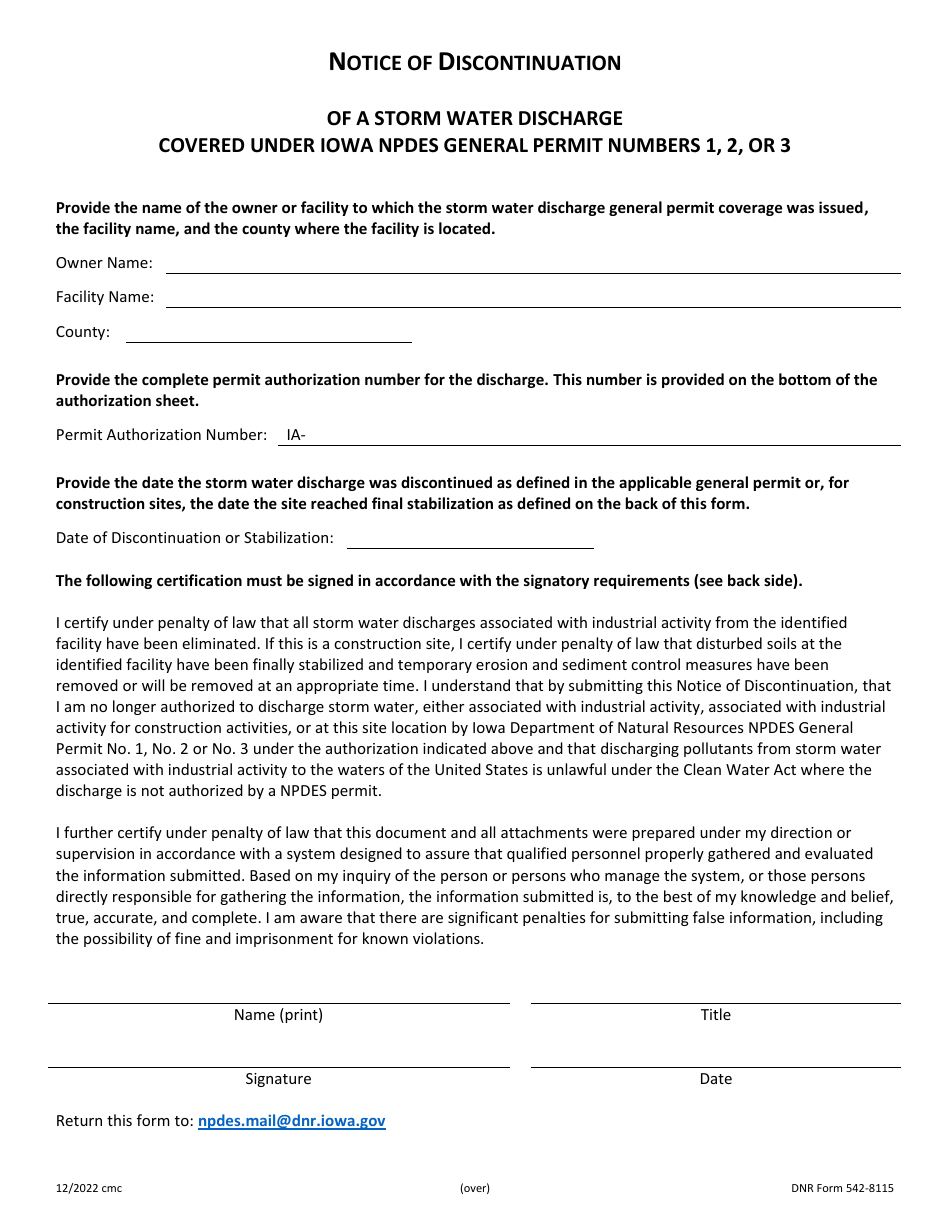 DNR Form 542-8115 Notice of Discontinuation of a Storm Water Discharge Covered Under Iowa Npdes General Permit Numbers 1, 2, or 3 - Iowa, Page 1