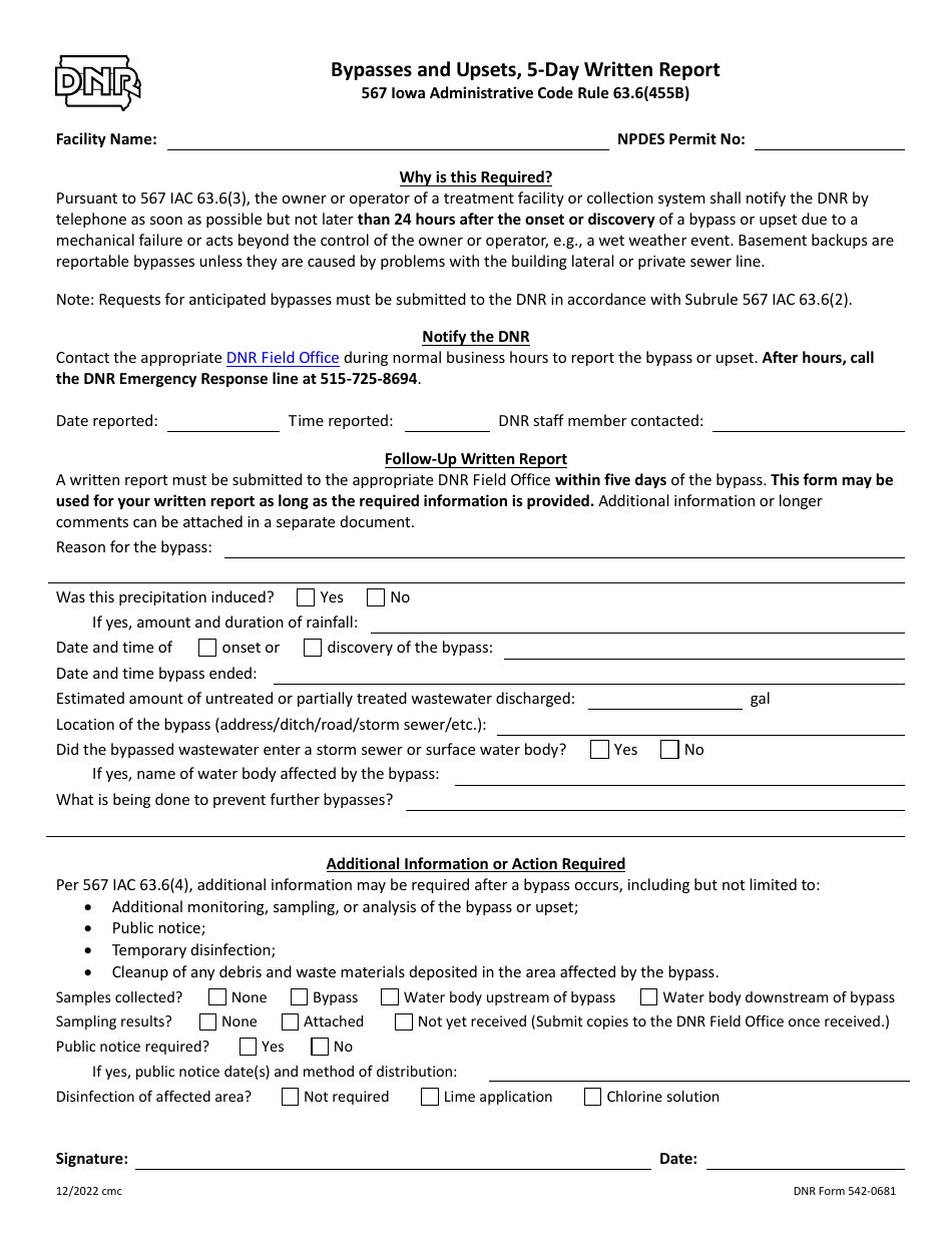 DNR Form 542-0681 Bypasses and Upsets, 5-day Written Report - Iowa, Page 1