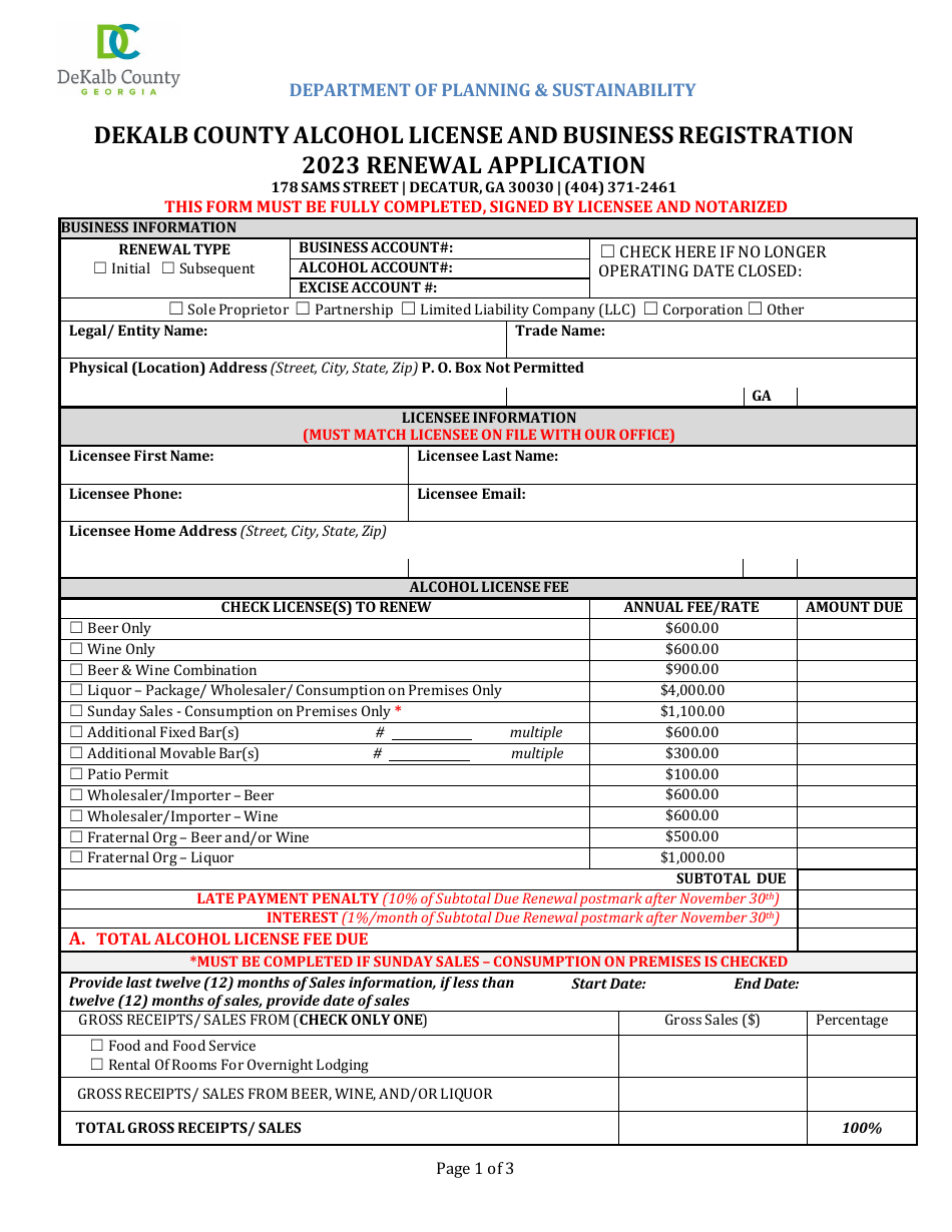 Alcohol License and Business Registration Renewal Application - DeKalb County, Georgia (United States), Page 1