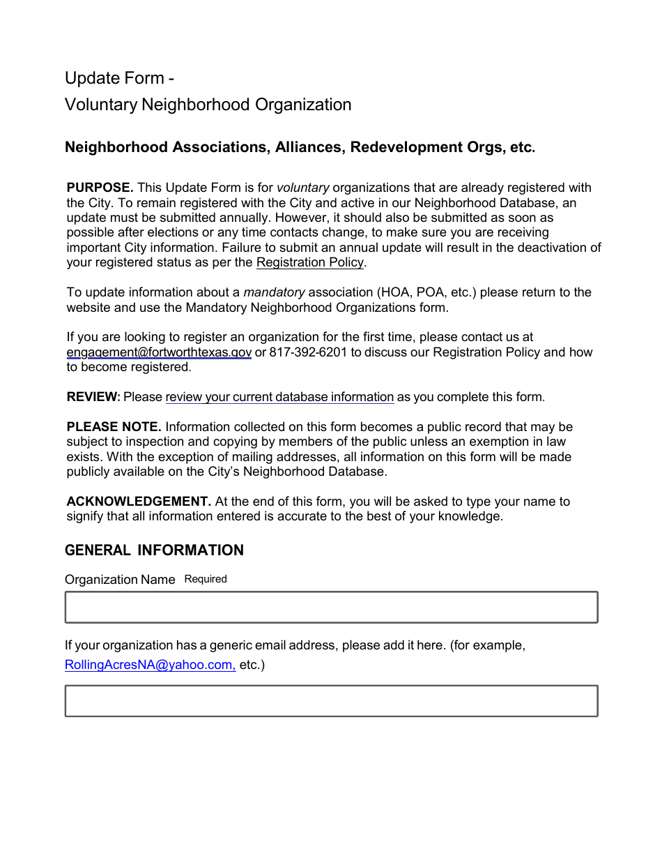 Update Form - Voluntary Neighborhood Organization - City of Fort Worth, Texas, Page 1
