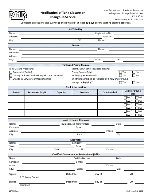 DNR Form 542-1308 Notification of Tank Closure or Change-In-service - Iowa