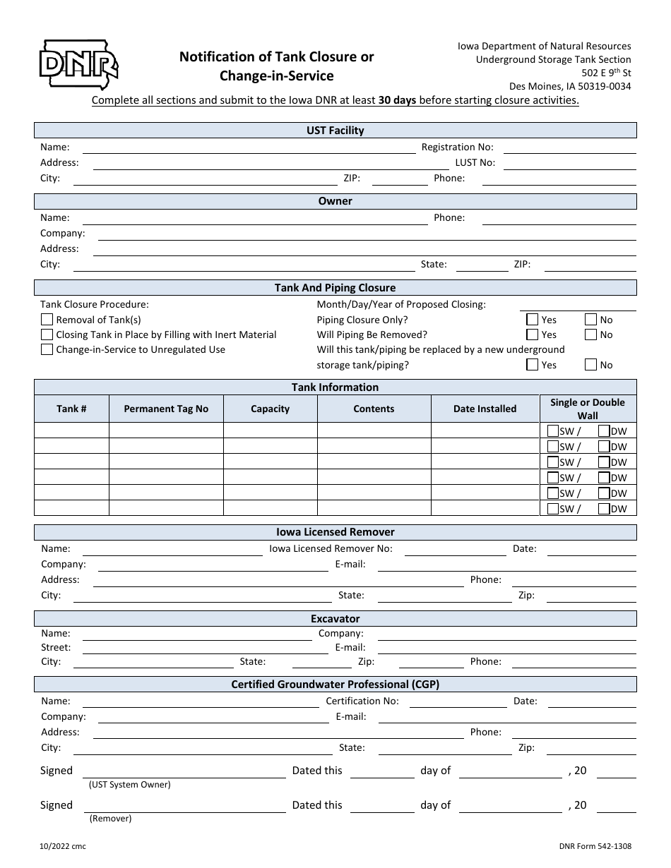 DNR Form 542-1308 Notification of Tank Closure or Change-In-service - Iowa, Page 1