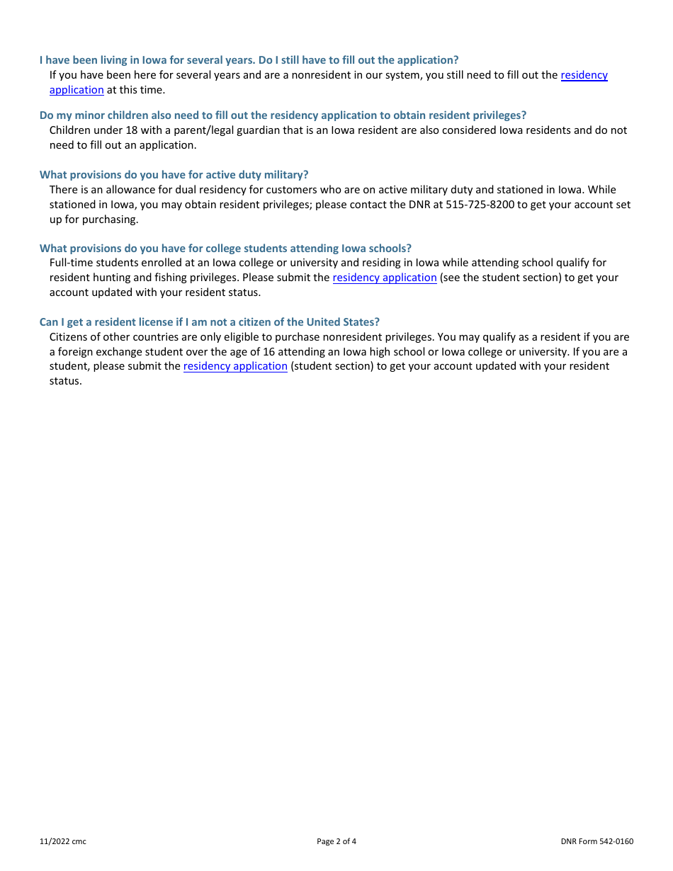 DNR Form 542-0160 Change of Residency Request Form in Order to Acquire Resident Licenses and Privileges - Iowa, Page 2