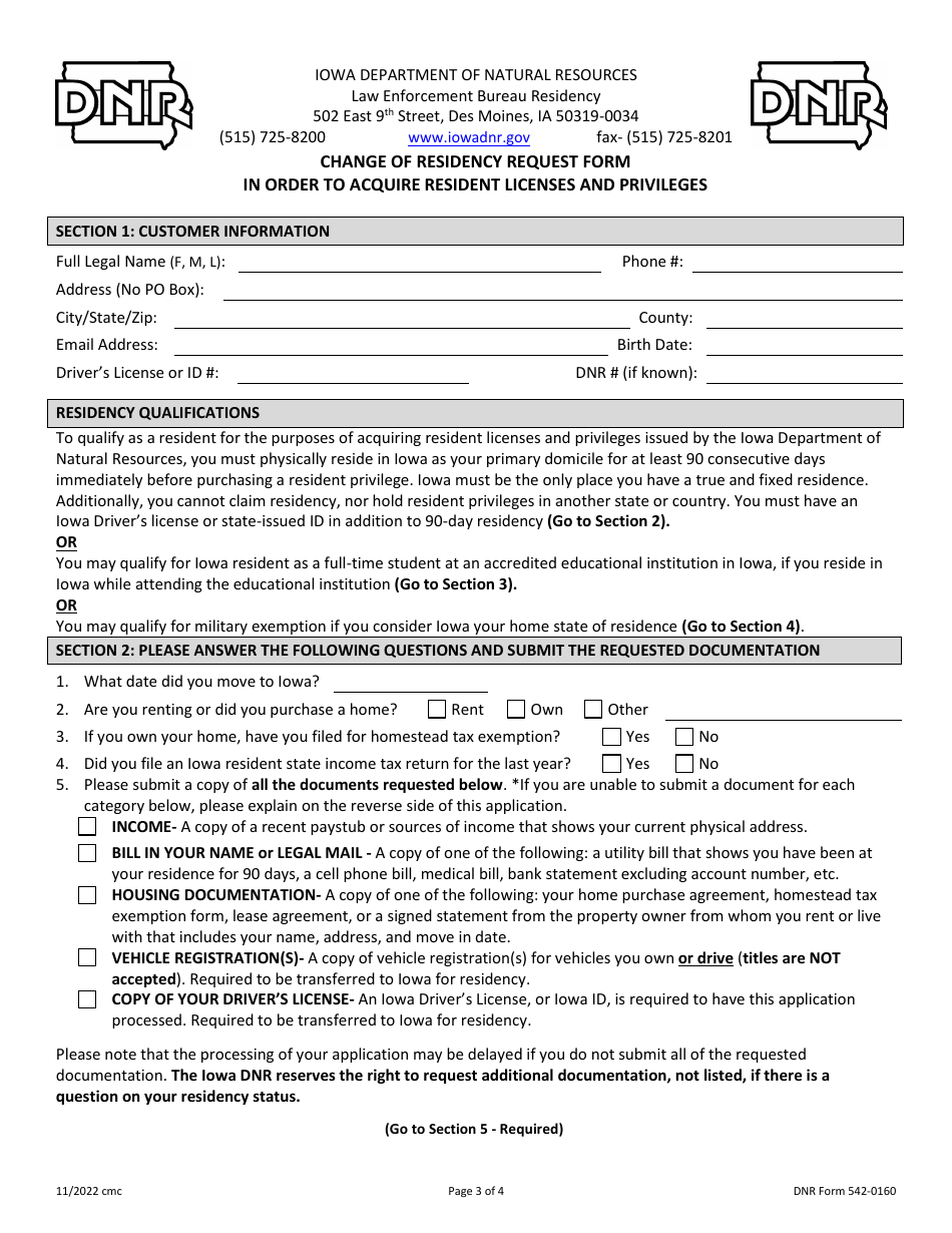DNR Form 542-0160 Change of Residency Request Form in Order to Acquire Resident Licenses and Privileges - Iowa, Page 3