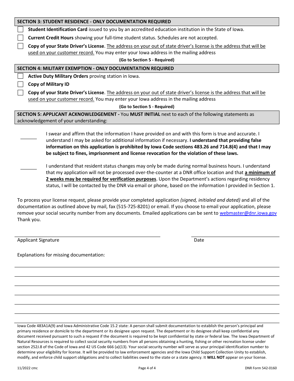 DNR Form 542-0160 Change of Residency Request Form in Order to Acquire Resident Licenses and Privileges - Iowa, Page 4