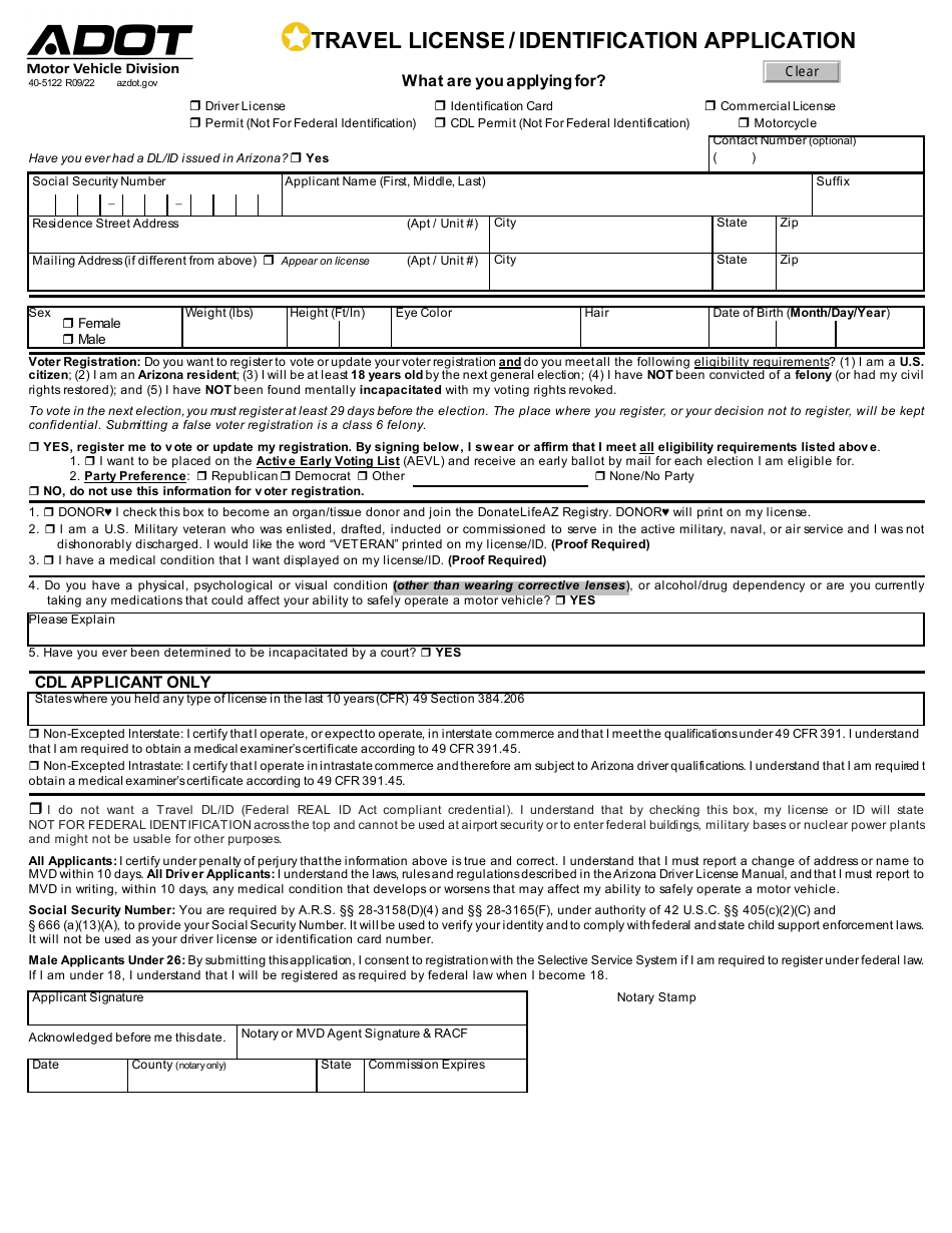 Form 40-5122 Travel License / Identification Application - Arizona, Page 1