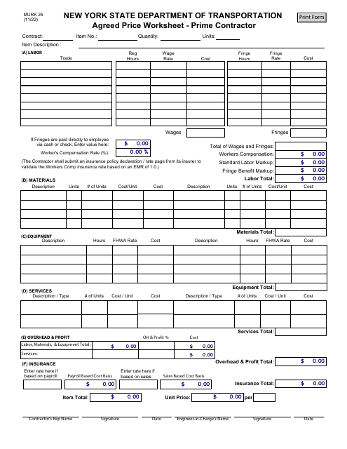 Form MURK26 Agreed Price Worksheet - Prime Contractor - New York