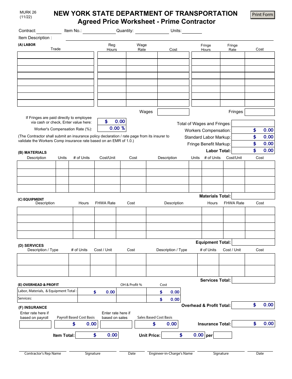 Form MURK26 Agreed Price Worksheet - Prime Contractor - New York, Page 1