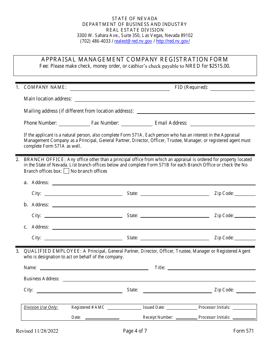 Form 571 Appraisal Management Company Registration Form - Nevada, Page 4
