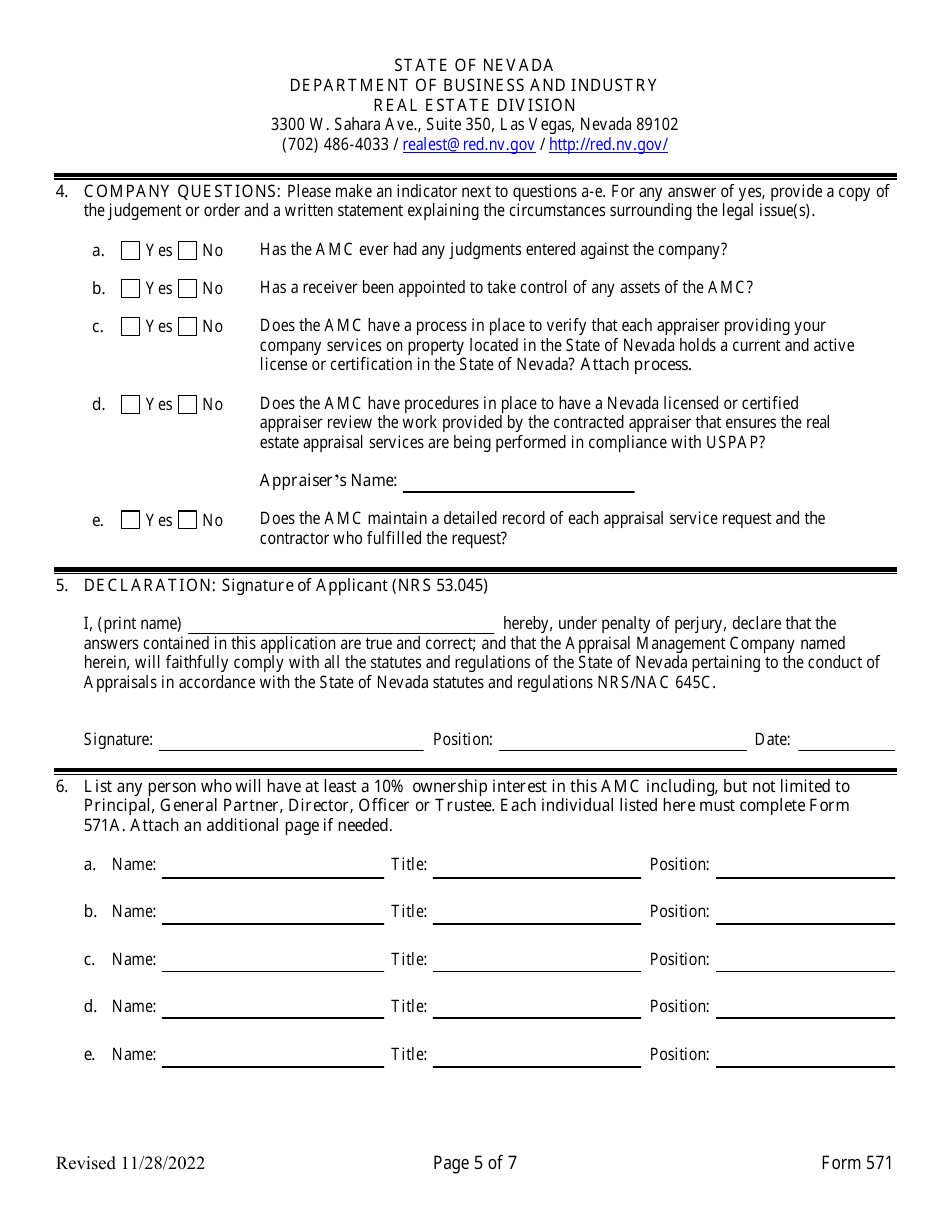 Form 571 Appraisal Management Company Registration Form - Nevada, Page 5