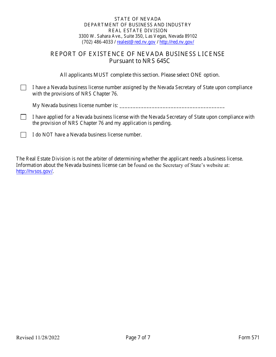 Form 571 Appraisal Management Company Registration Form - Nevada, Page 7