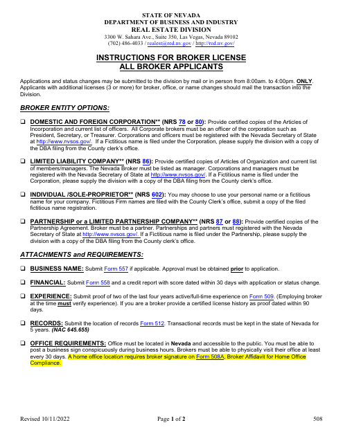 Form 508 Instructions for Broker License/All Broker Applicants - Nevada