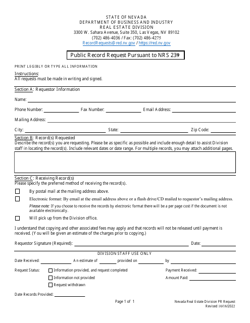 Form 900 Public Record Request Pursuant to Nrs 239 - Nevada