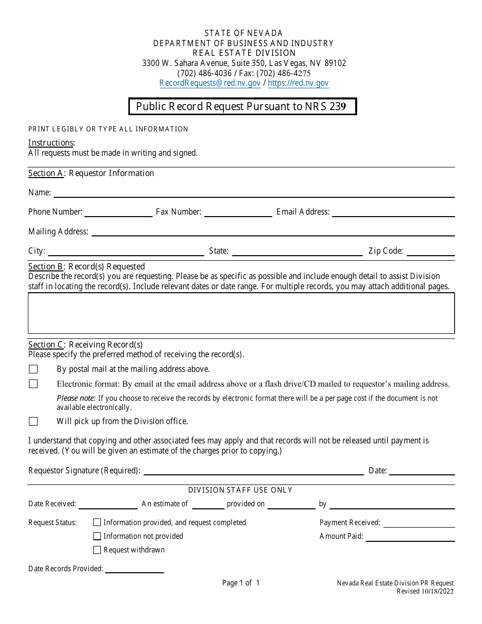 Form 900 Public Record Request Pursuant to Nrs 239 - Nevada, Page 1