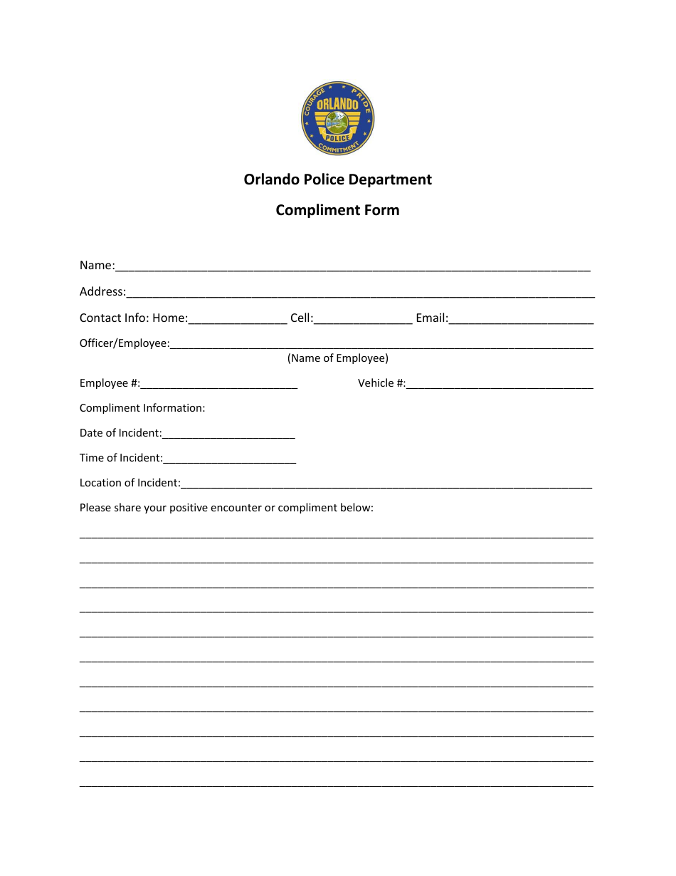 Compliment Form - City of Orlando, Florida, Page 1