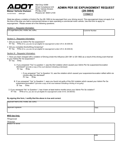 Form 96-2004 Admin Per Se Expungement Request - Arizona