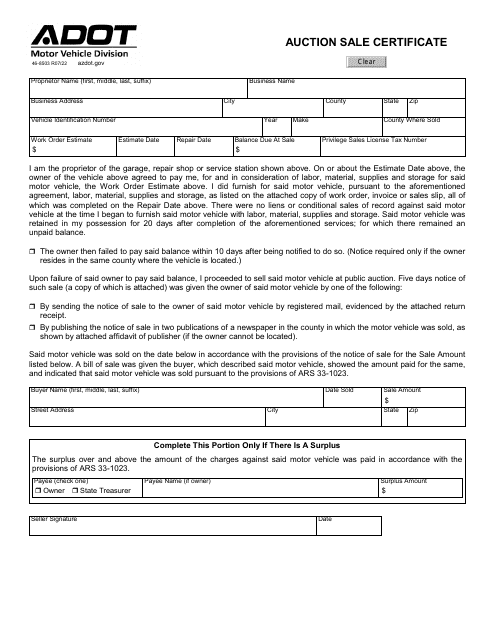 Form 46-8503 Auction Sale Certificate - Arizona