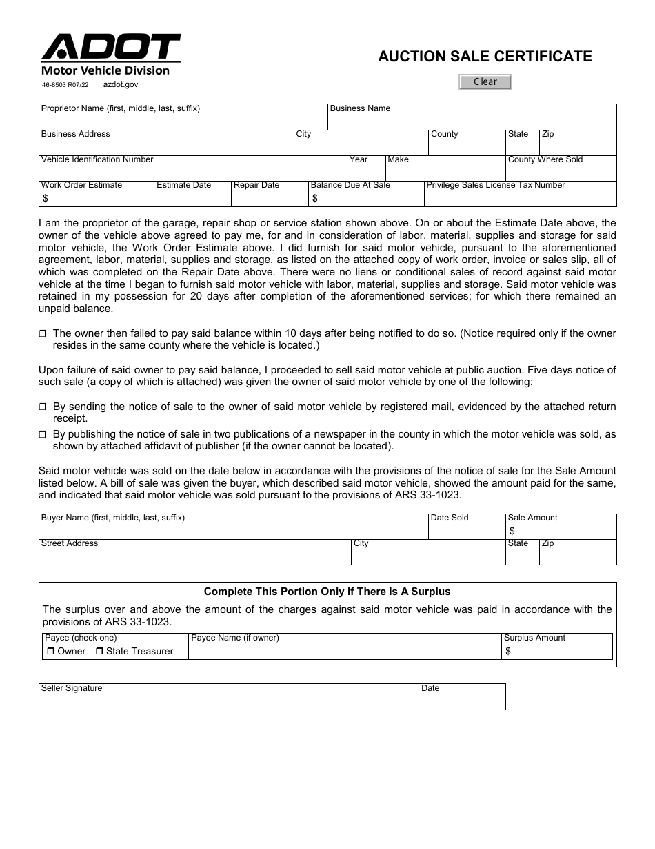 Form 46-8503 Auction Sale Certificate - Arizona, Page 1