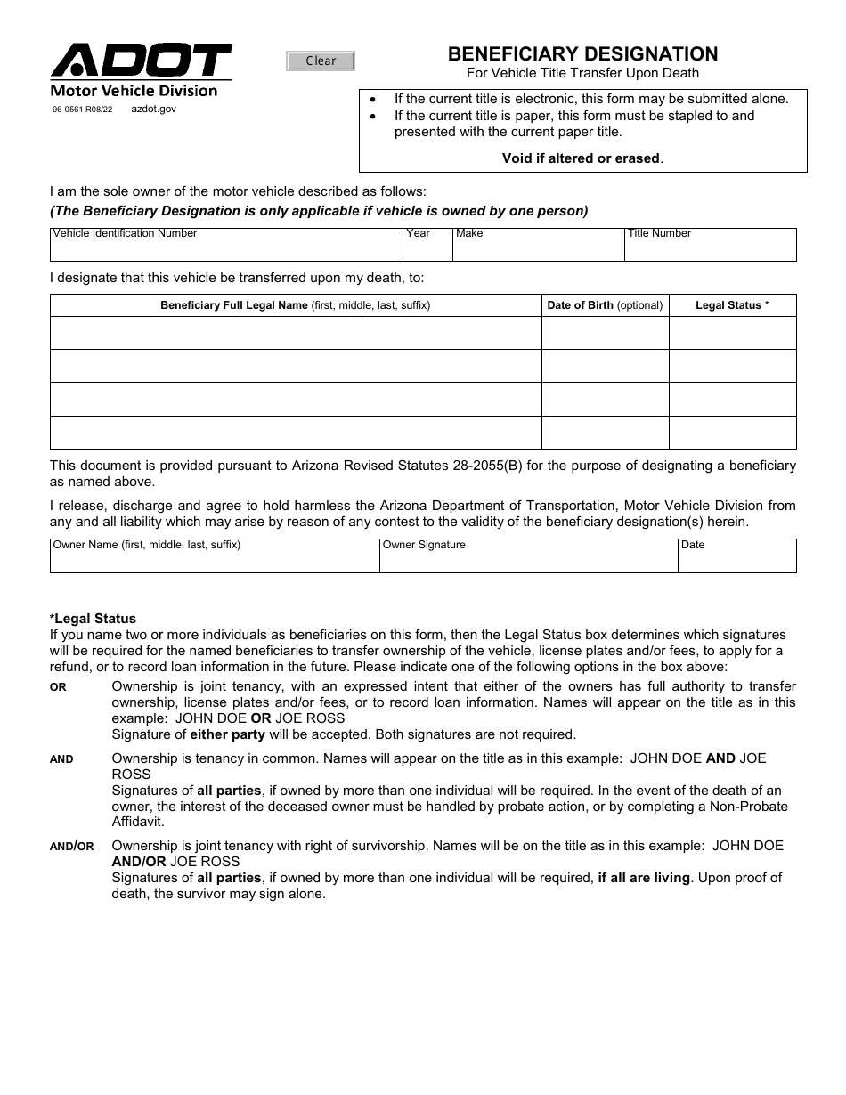 Form 96-0561 Beneficiary Designation - Arizona, Page 1