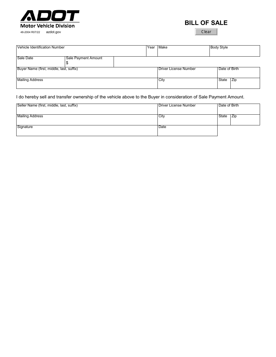 Form 48-2004 Bill of Sale - Arizona, Page 1