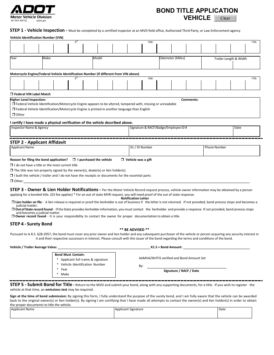 Form 40-1001 Bond Title Application - Vehicle - Arizona, Page 1