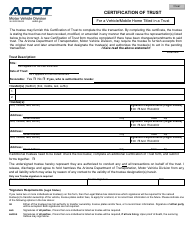 Document preview: Form 96-2002 Certification of Trust for a Vehicle/Mobile Home Titled in a Trust - Arizona