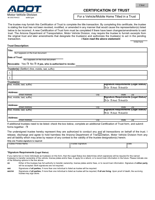 Form 96-2002 Certification of Trust for a Vehicle/Mobile Home Titled in a Trust - Arizona