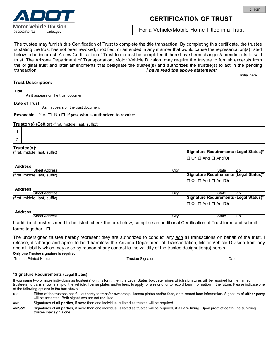 Form 96-2002 Certification of Trust for a Vehicle / Mobile Home Titled in a Trust - Arizona, Page 1