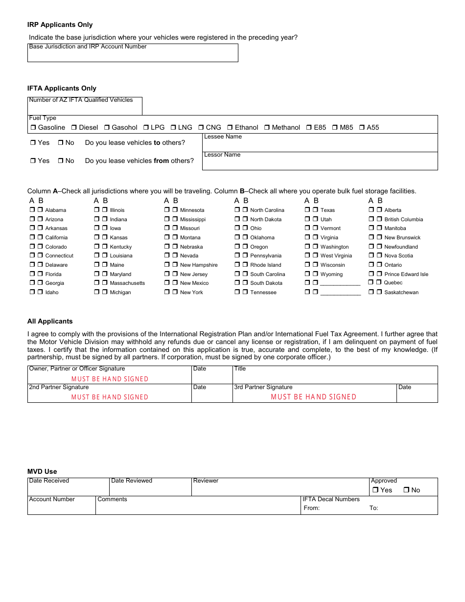 Form 70-0508 Ifta / Irp Application - Arizona, Page 3