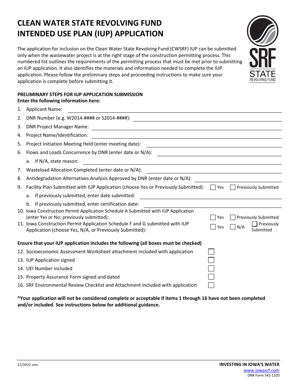 DNR Form 542-1320 Clean Water State Revolving Fund Intended Use Plan (Iup) Application - Iowa, Page 1