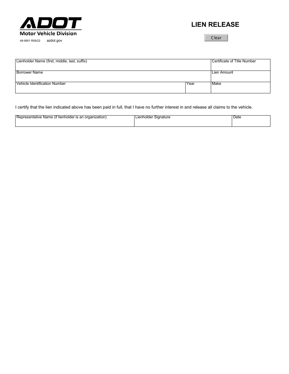 Form 48-9901 Lien Release - Arizona, Page 1