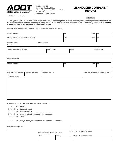 Form 96-0330 Lienholder Complaint Report - Arizona