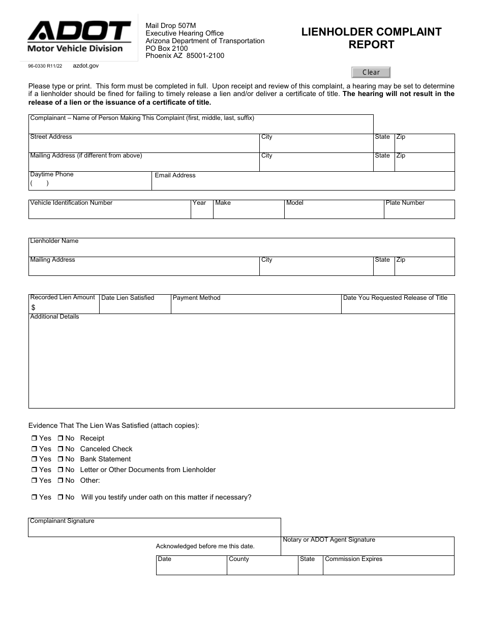 Form 96-0330 Lienholder Complaint Report - Arizona, Page 1