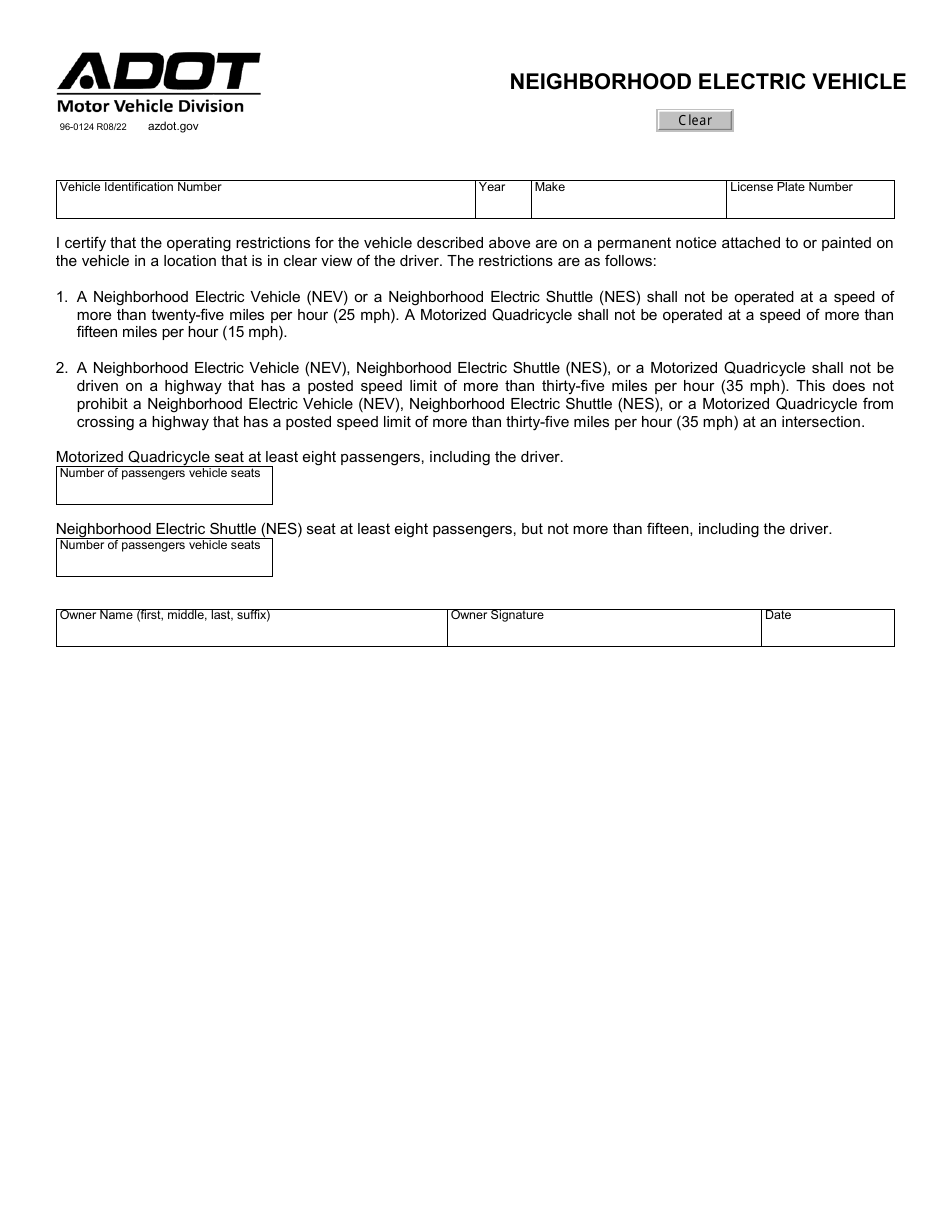 Form 96 0124 Download Fillable Pdf Or Fill Online Neighborhood Electric Vehicle Arizona 7407