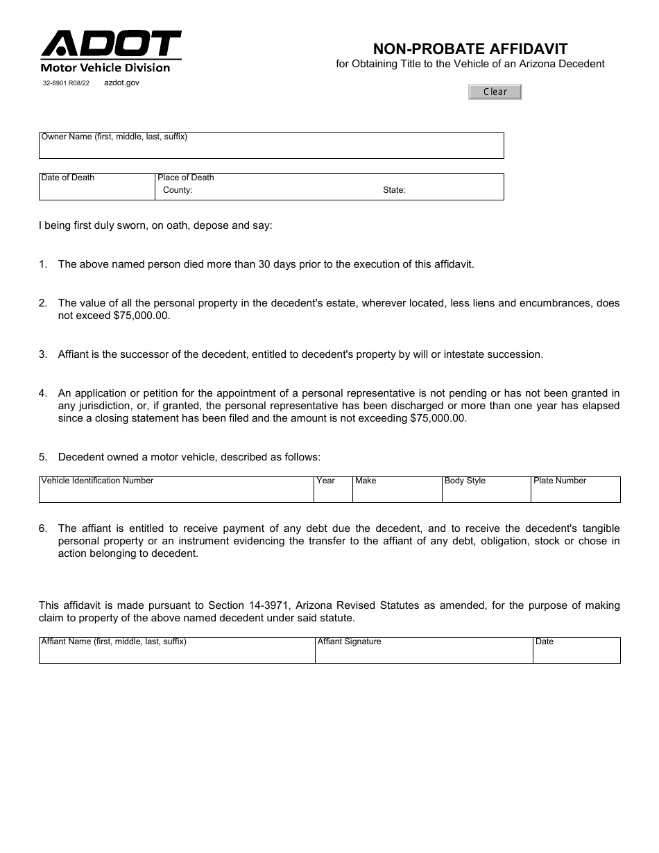 Form 32-6901 Non-probate Affidavit - Arizona, Page 1
