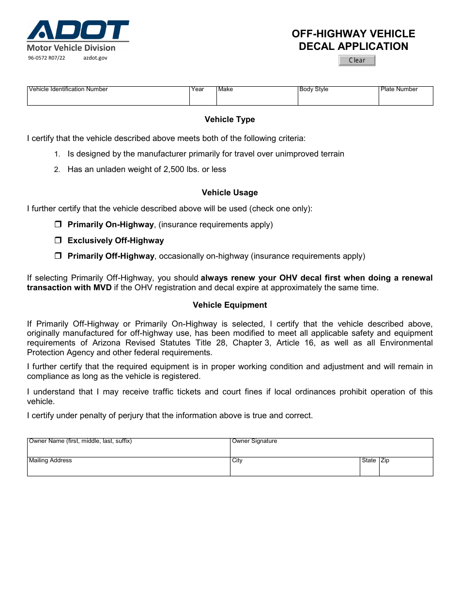 Form 96-0572 Off-Highway Vehicle Decal Application - Arizona, Page 1