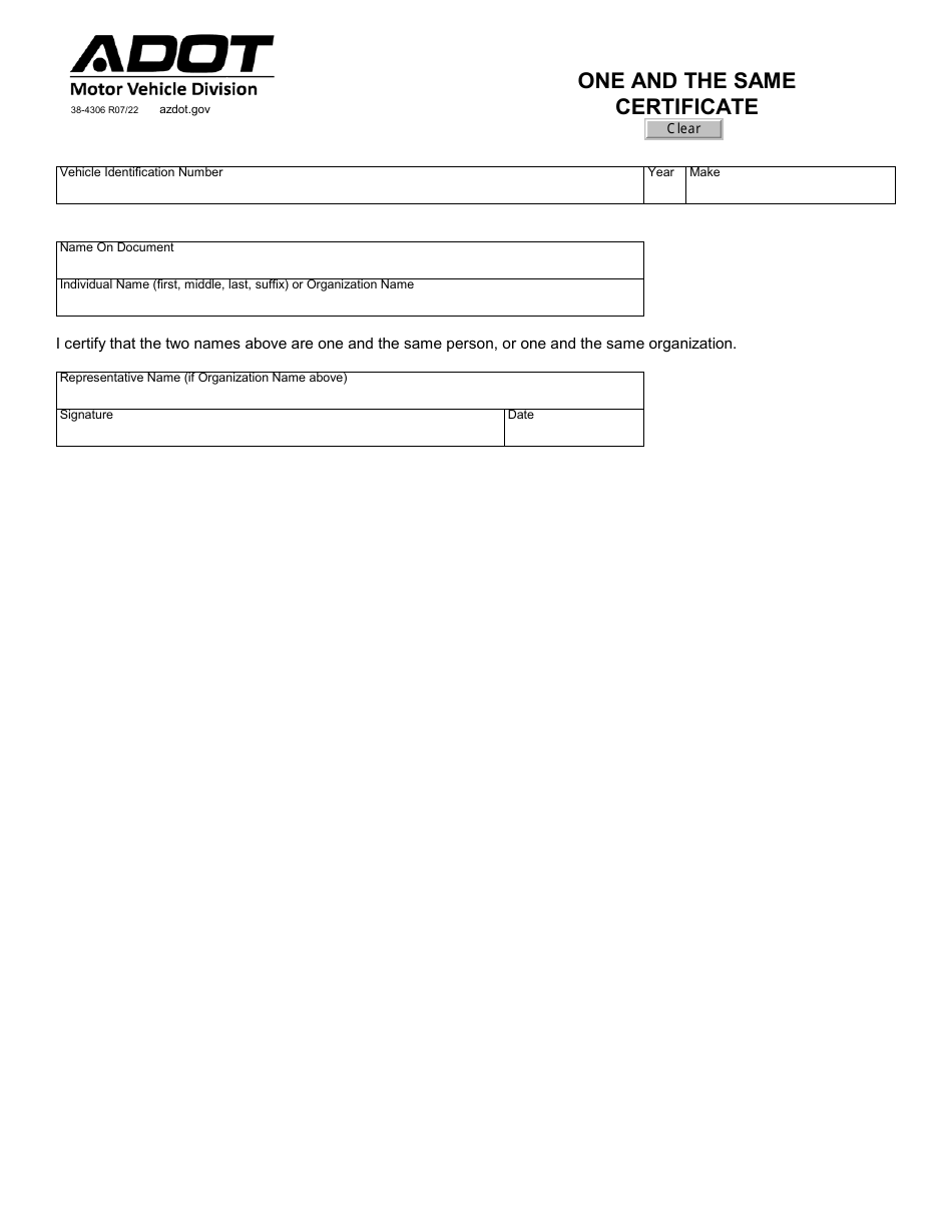 Form 38-4306 One and the Same Certificate - Arizona, Page 1